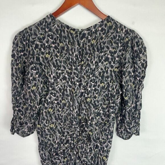 All Saints Josephine Waterleo Ruched Leopard Print Dress Khaki Green US 4 - Picture 5 of 8